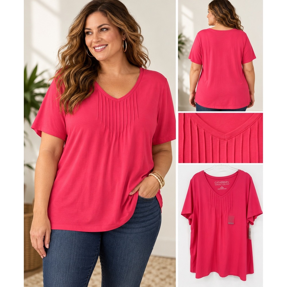 Catherines Suprema Collection Red V-Neck Pintuck Short Sleeve Top 1X 18/20W NEW